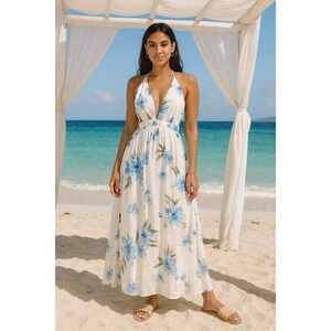 Love Tree Women Medium Floral V-Neck Spaghetti CrissCross Back Maxi White Dress